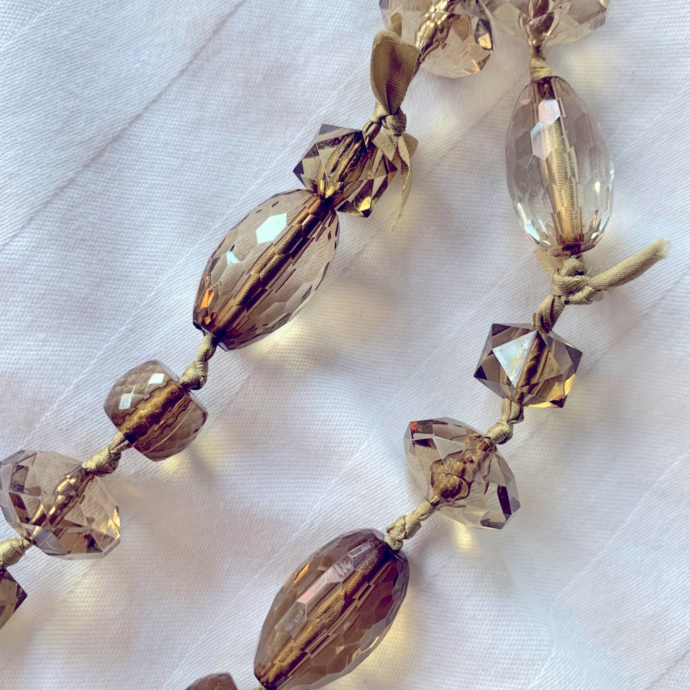 Jcrew necklace, olive green beads strung with silk ribbon.